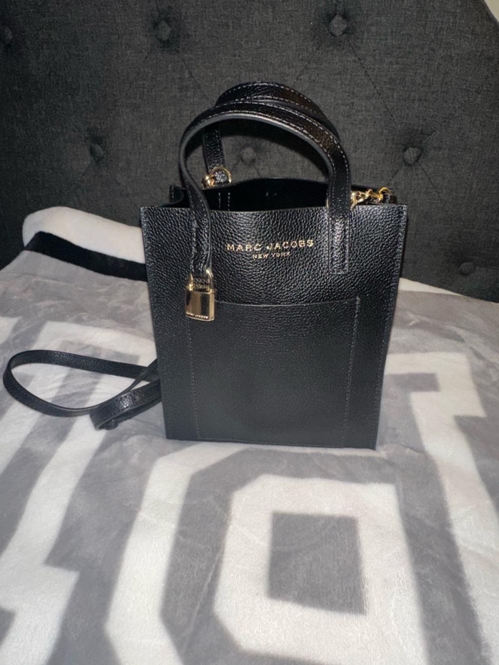 Marc Jacobs Black Pebbled Leather Mini Crossbody Tote with Gold Hardware